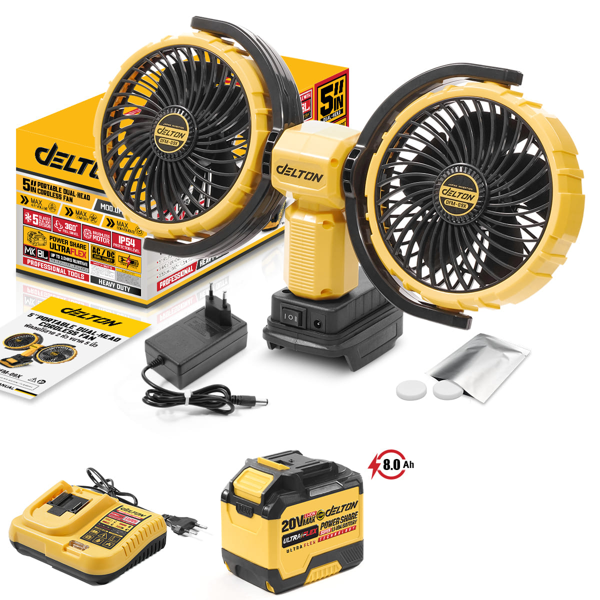 พัดลมไร้สาย 2 หัว 5 นิ้ว (พร้อมแบตเตอรี่) DELTON รุ่น DFM-09X ULTRAFLEX 20V 8AH_1
